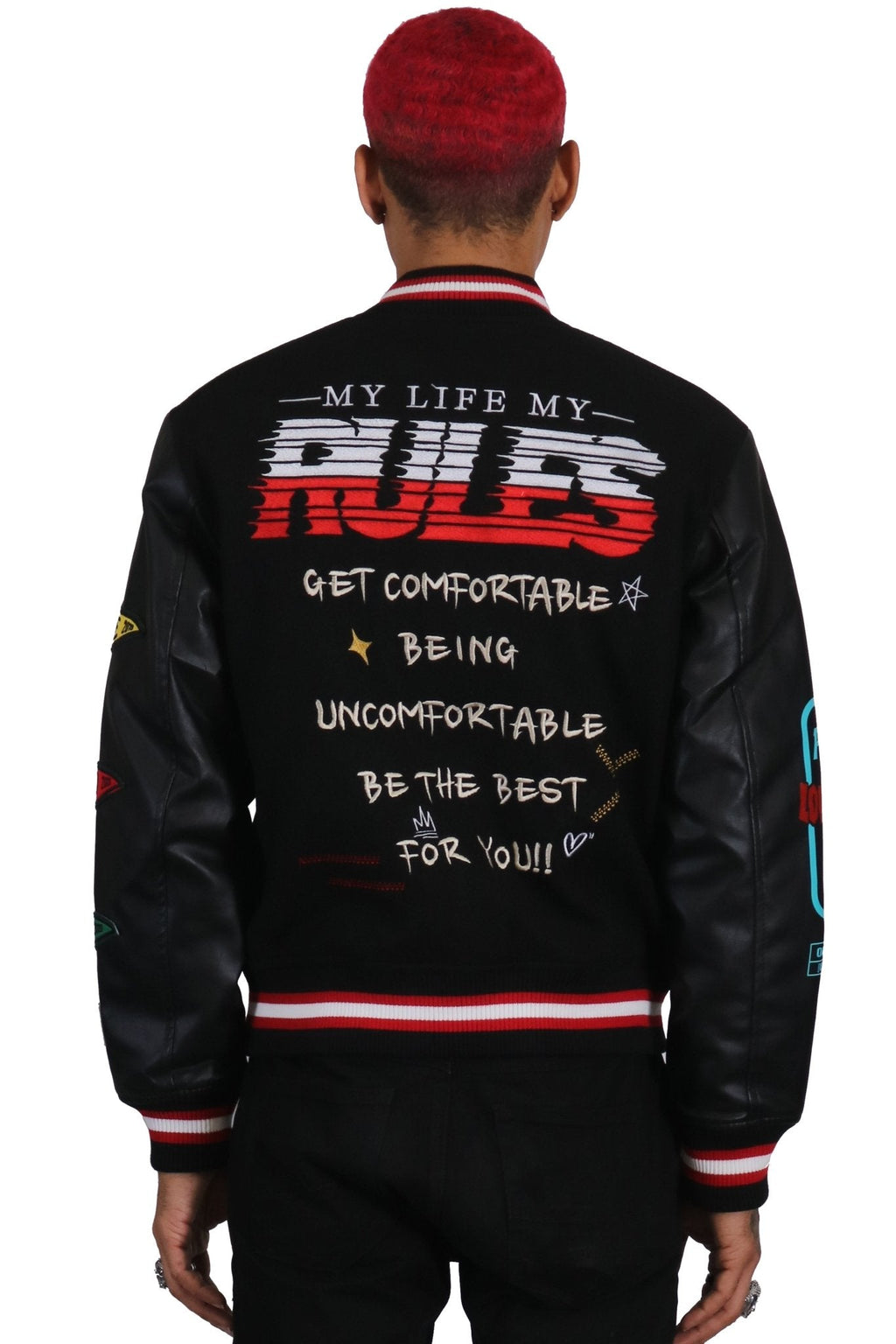 IRENE Men's Melton Body with Faux Leather Sleeve Varsity Jacket